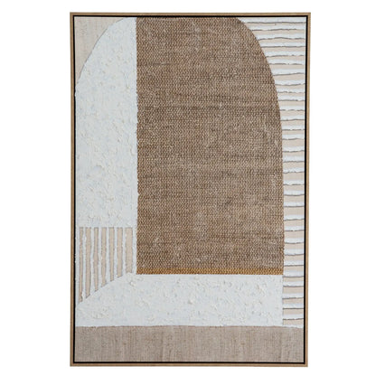 Abstract art piece with geometric shapes in brown, beige, and white on a white background