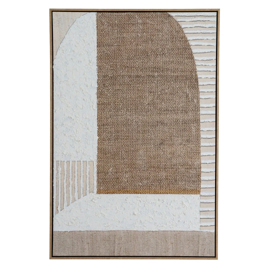 Abstract art piece with geometric shapes in brown, beige, and white on a white background