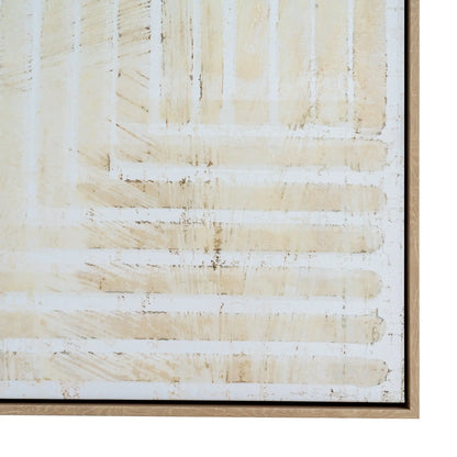 Abstract art with horizontal beige and white stripes on a textured background