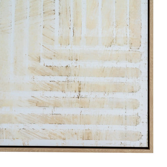 Abstract art with horizontal beige and white stripes on a textured background