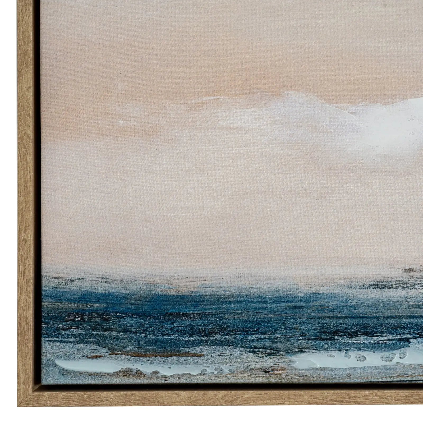 Framed abstract artwork with a landscape of water and sky.