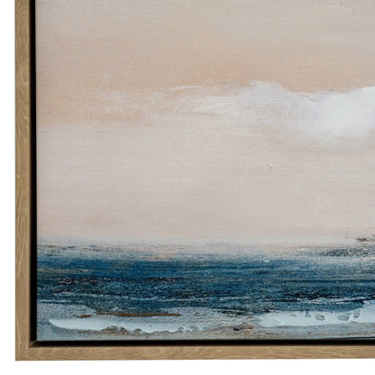 Framed abstract artwork with a landscape of water and sky.