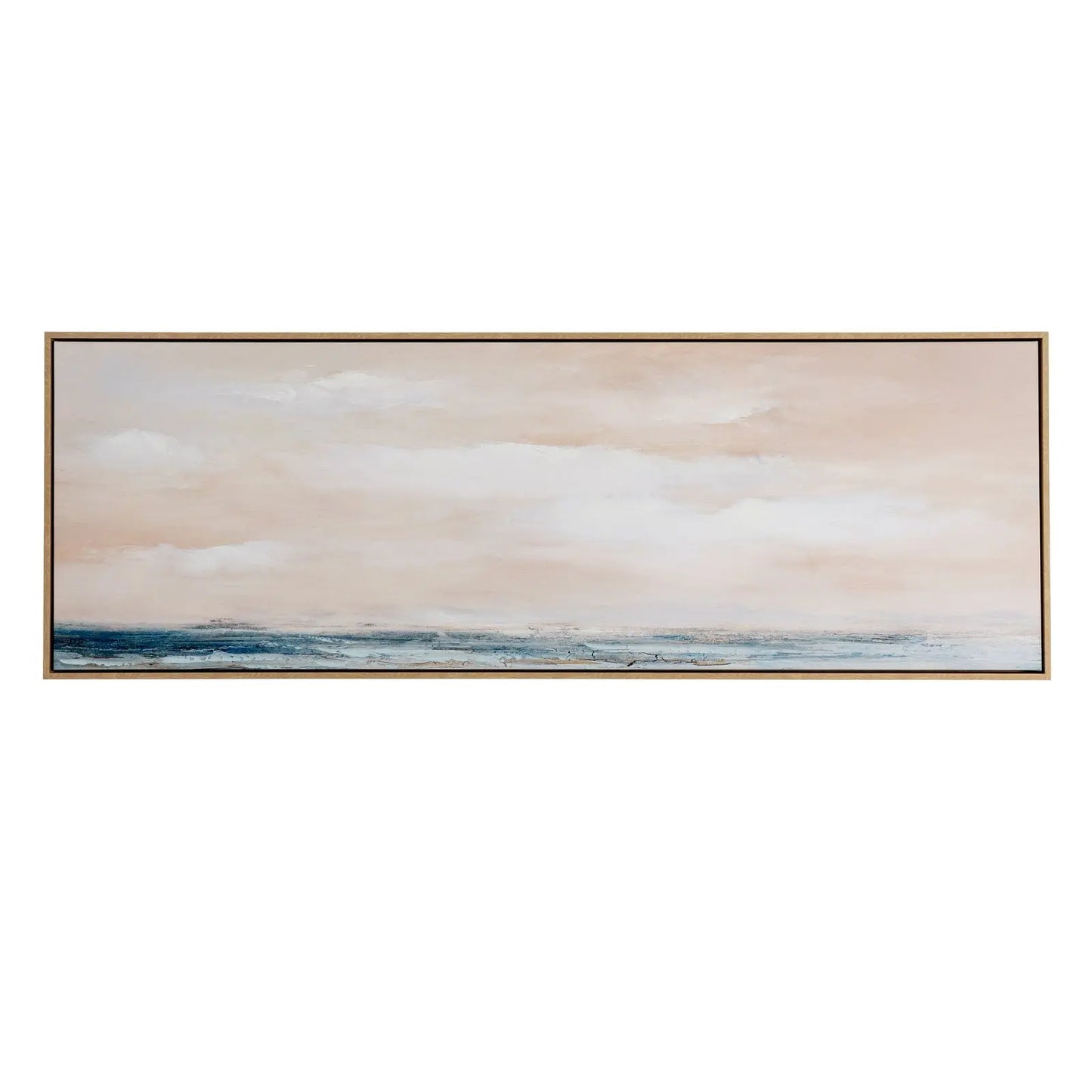 Framed artwork of a landscape with clouds and water on a white background