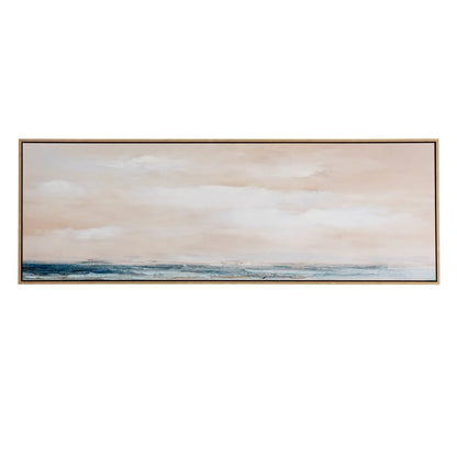 Framed artwork of a landscape with clouds and water on a white background