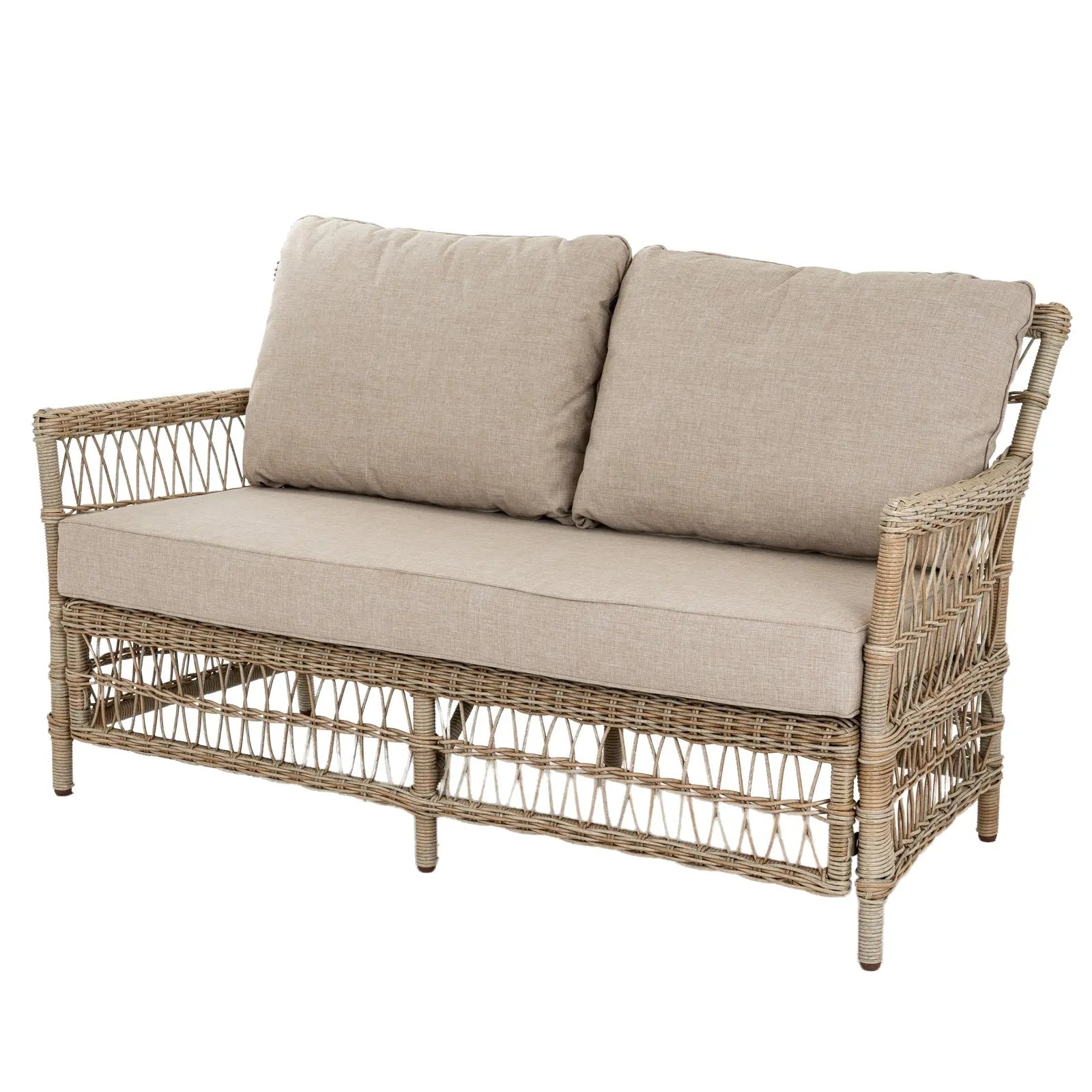 Wicker outdoor sofa with beige cushions on a white background