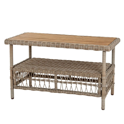 Wicker console table with a wooden top on a white background