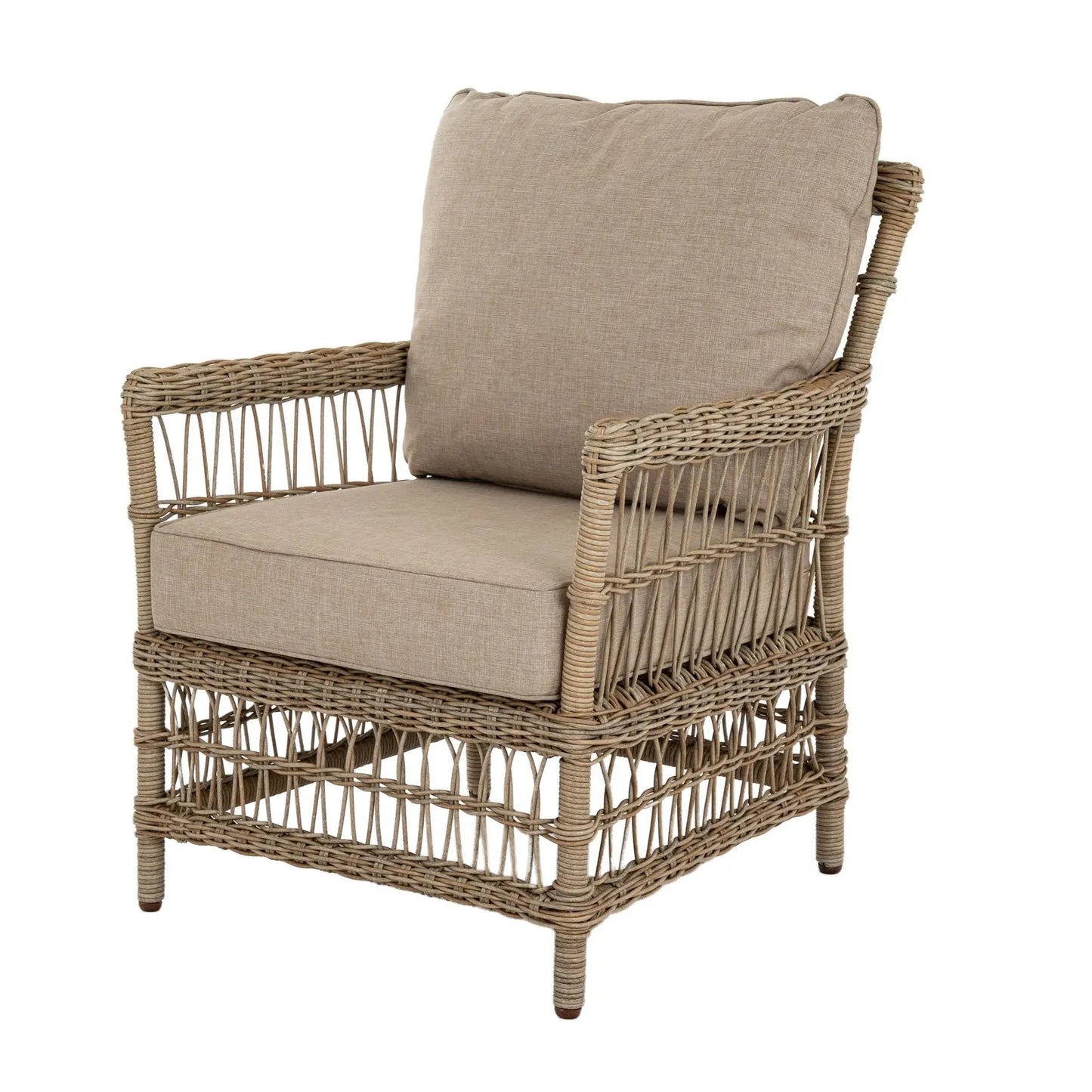 Wicker armchair with beige cushions on a white background