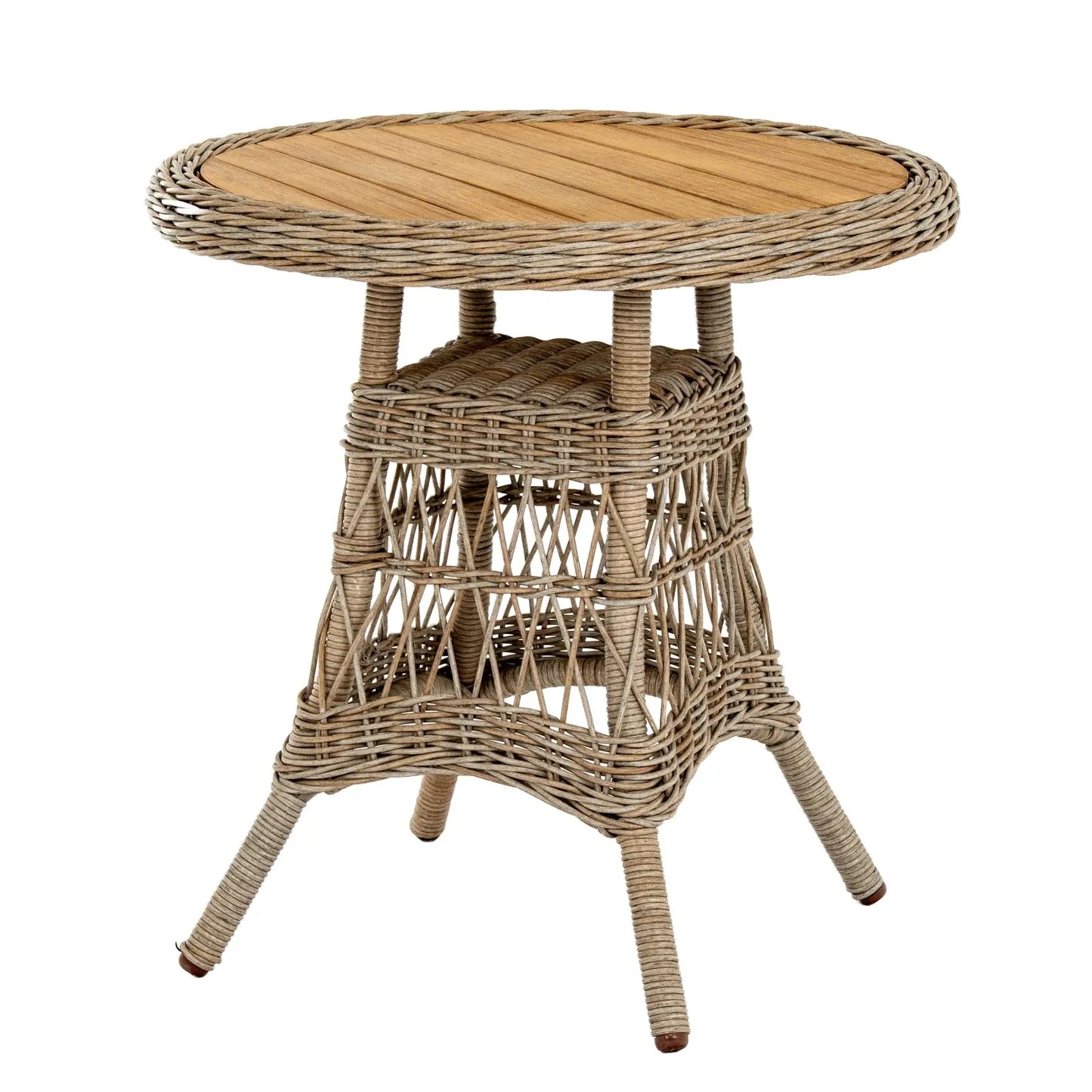 Round wicker table with a wooden top on a white background