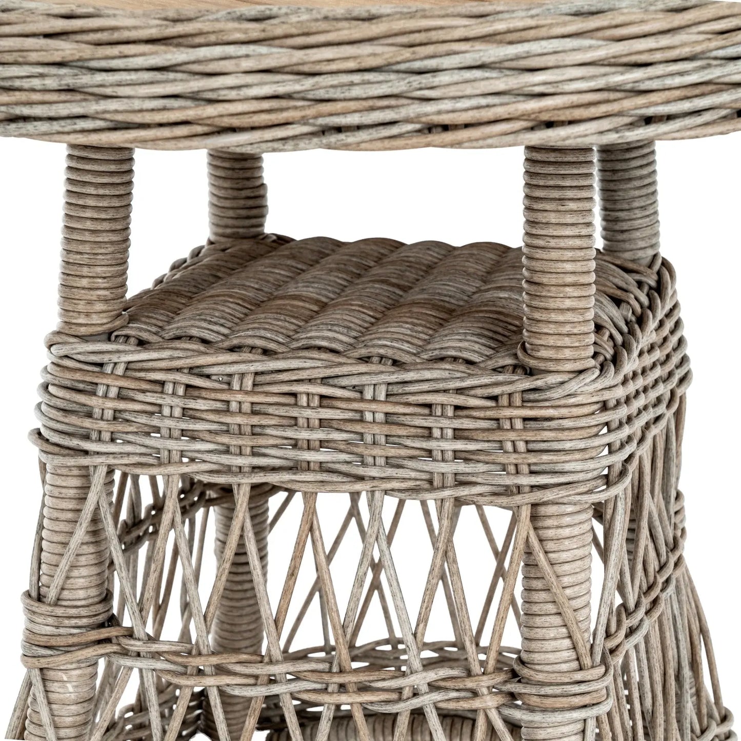 Close-up of a wicker stool with a natural brown finish on a white background