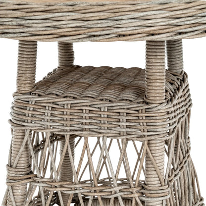 Close-up of a wicker stool with a natural brown finish on a white background