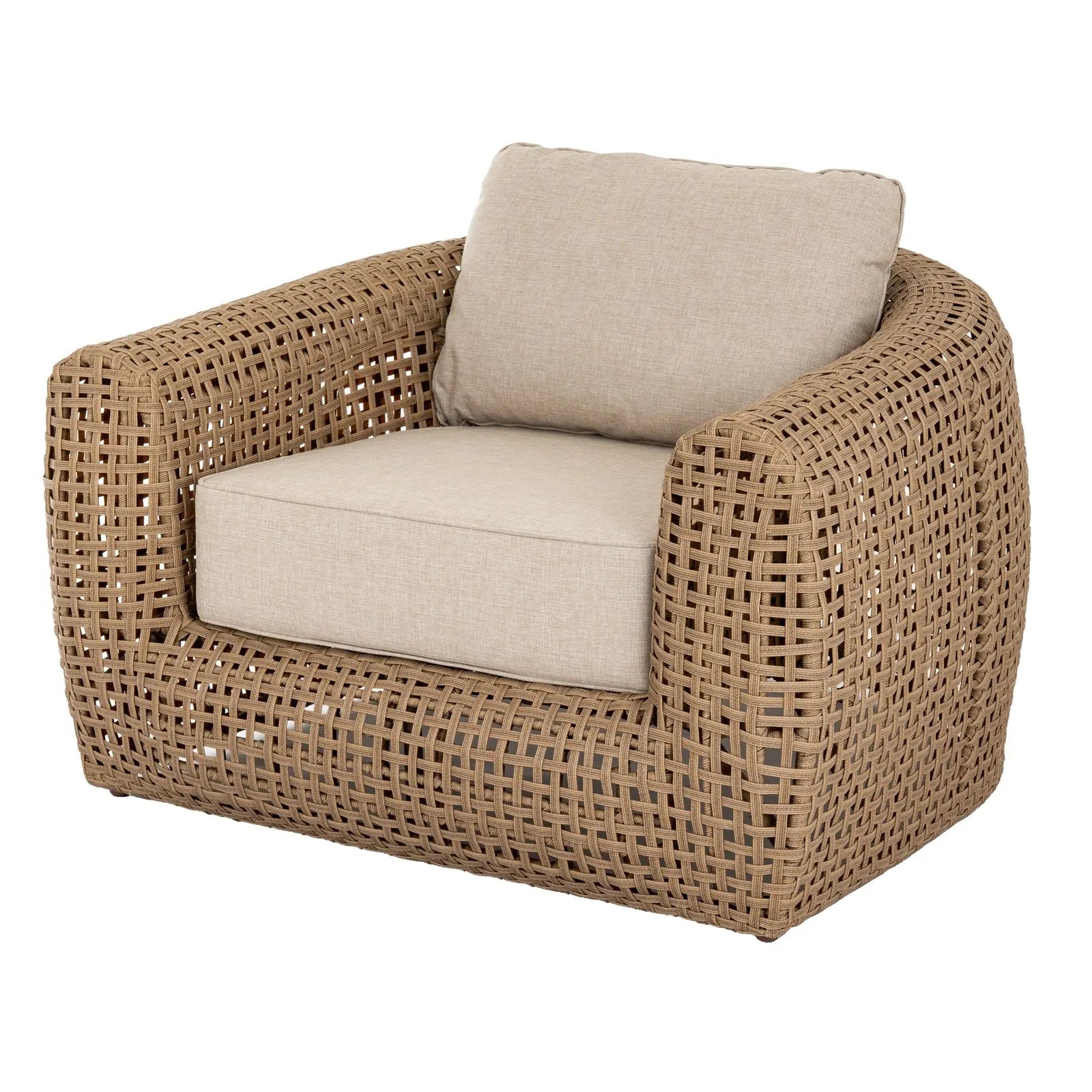 Wicker armchair with beige cushion on a white background