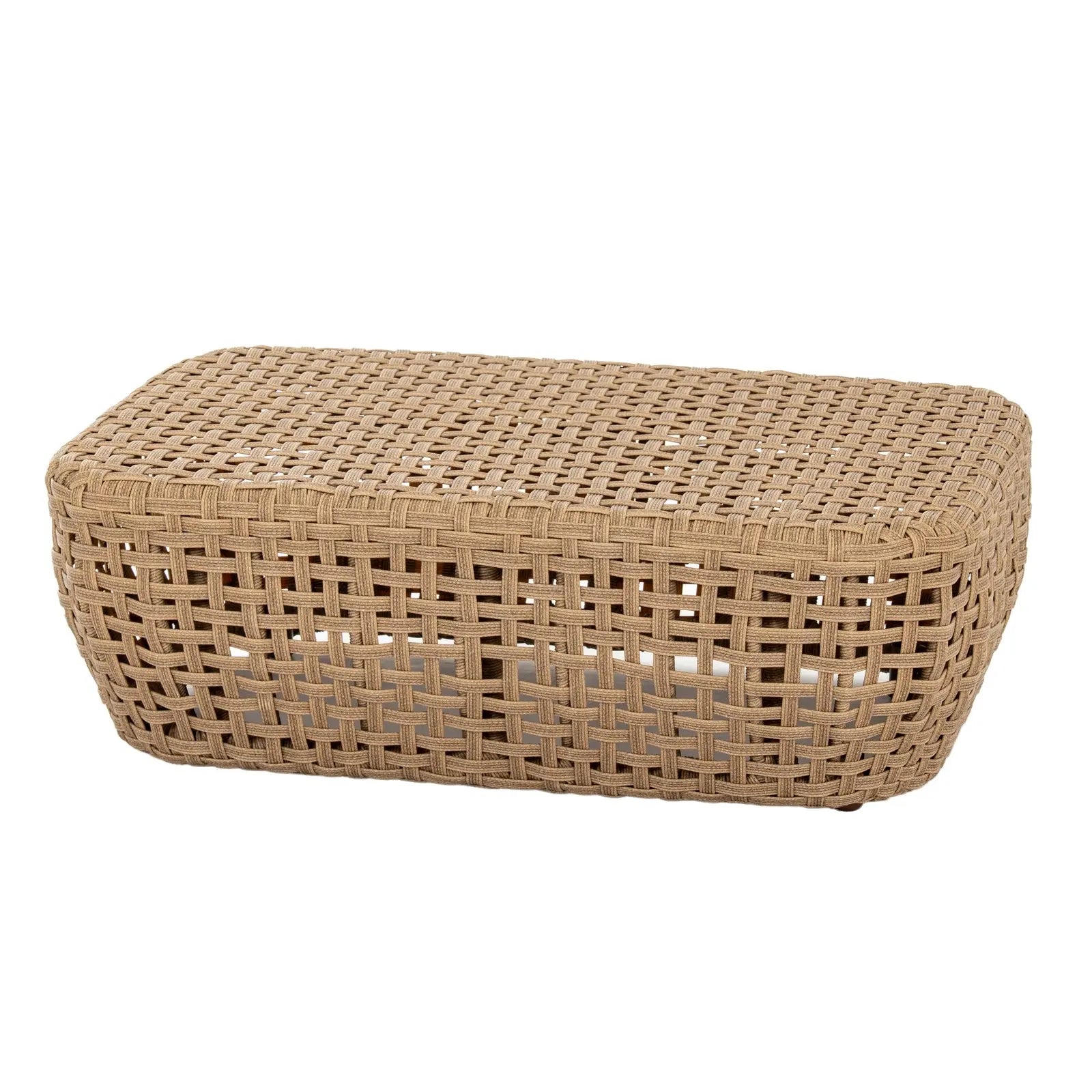 Woven rattan ottoman on a white background