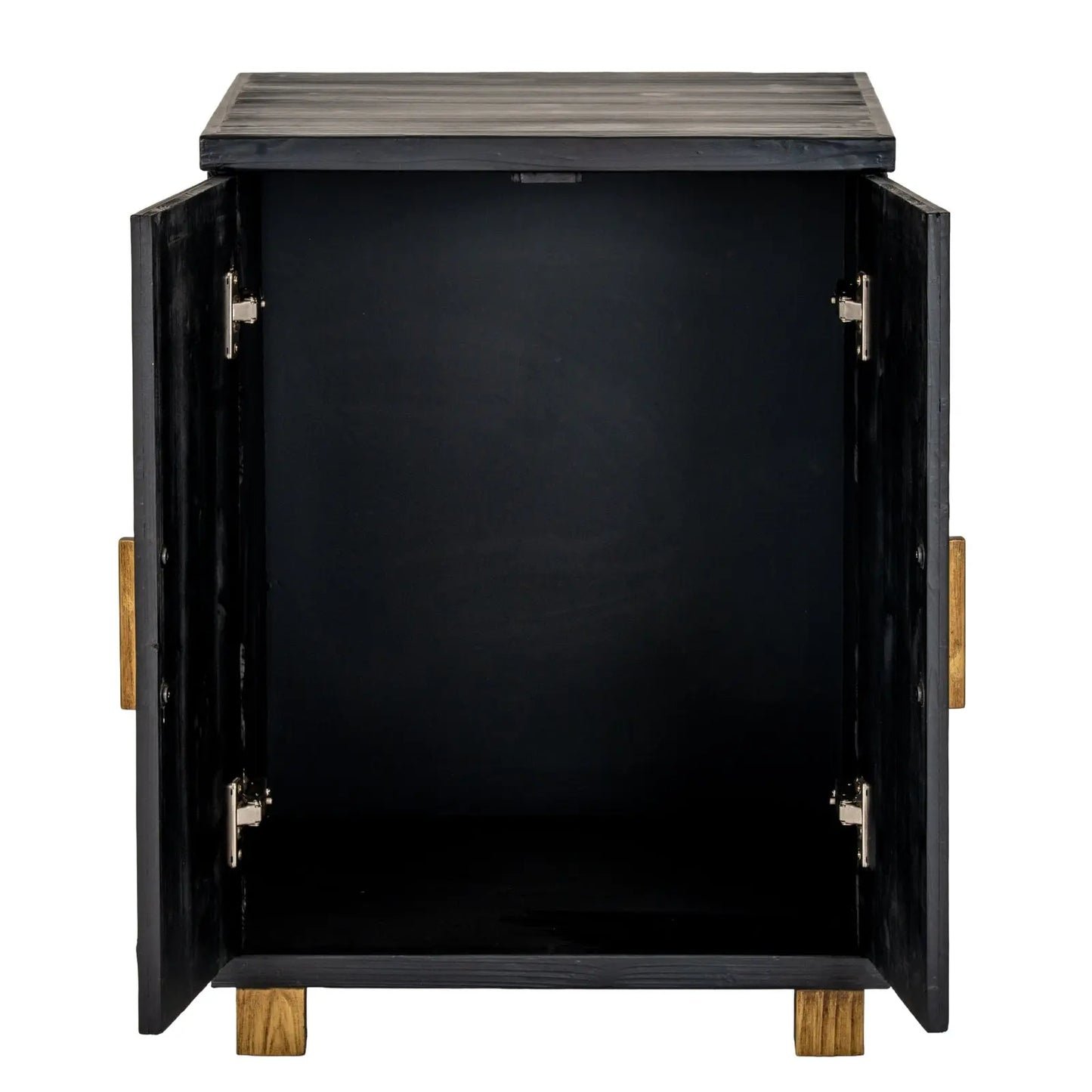 Black cabinet with open doors on a white background