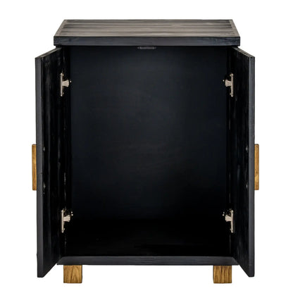 Black cabinet with open doors on a white background