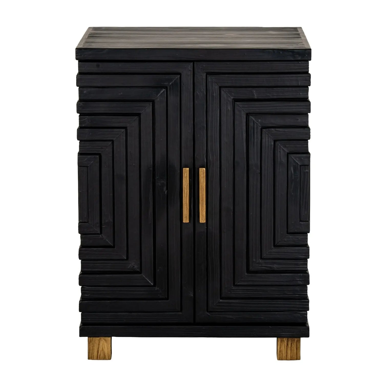 Black cabinet with geometric design and gold handles on a white background