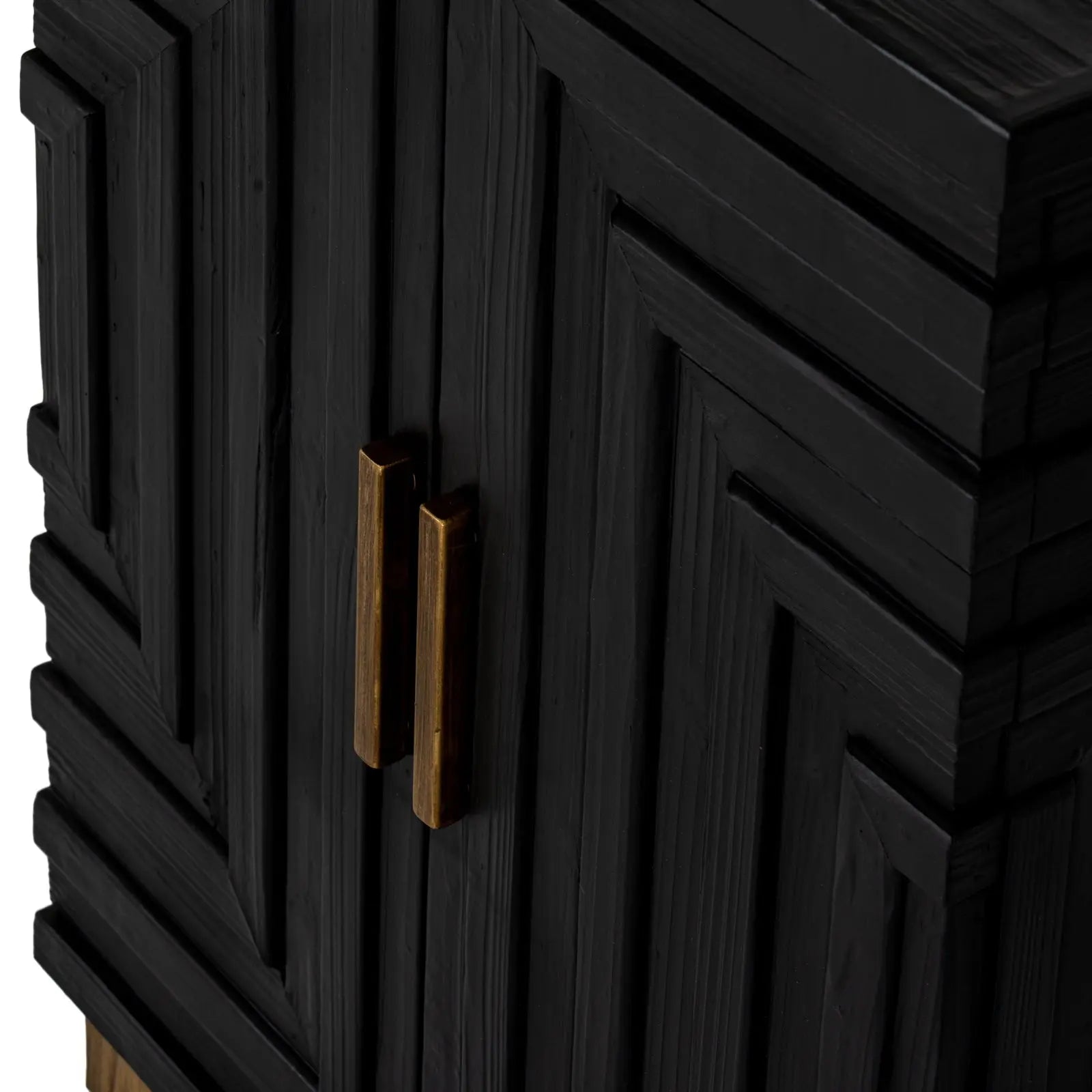 Dark wooden cabinet with geometric pattern and brass handle on a white background