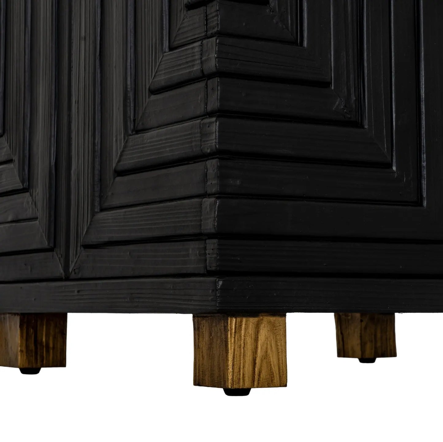 Dark wooden cabinet with geometric design and wooden legs on a white background