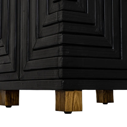 Dark wooden cabinet with geometric design and wooden legs on a white background