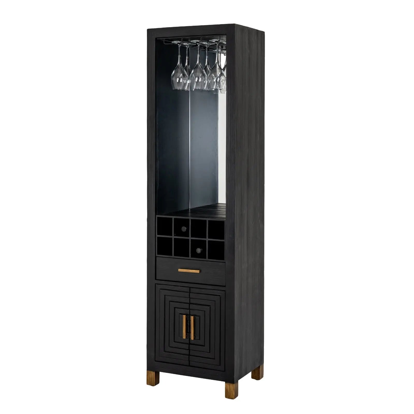 Tall black wine cabinet with glass holders on a white background