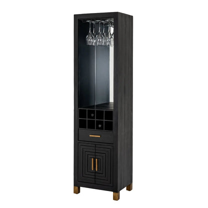 Tall black wine cabinet with glass holders on a white background