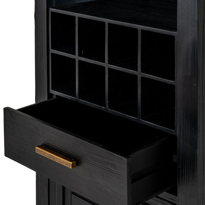 Black wooden cabinet with open drawer and wine rack on a white background