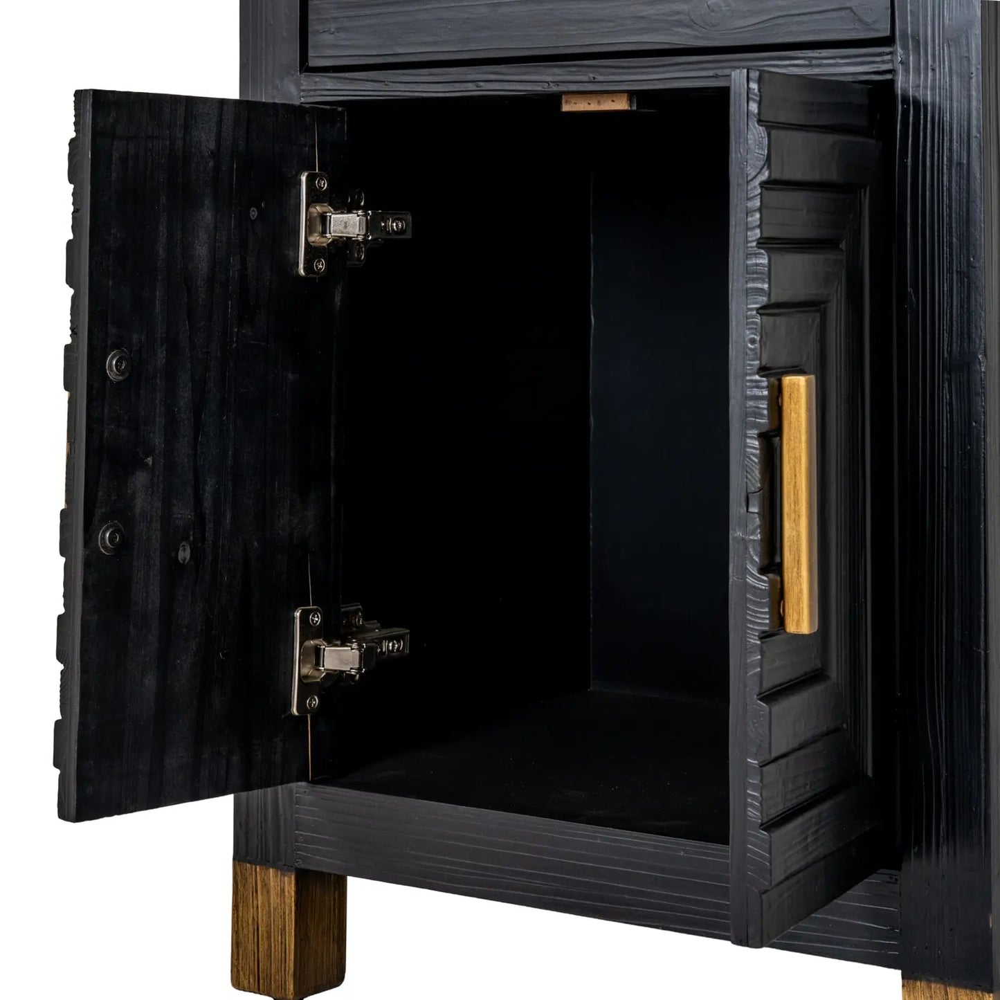 Black wooden cabinet with open door on a white background