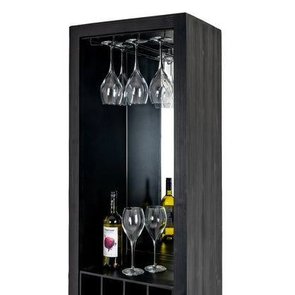 Black bar cabinet with wine glasses and bottles on a white background