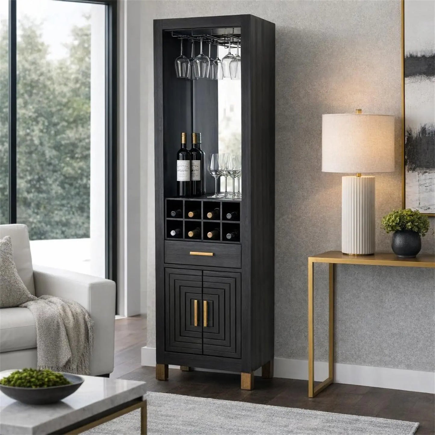 Black bar cabinet with wine bottles and glasses in a living room setting.
