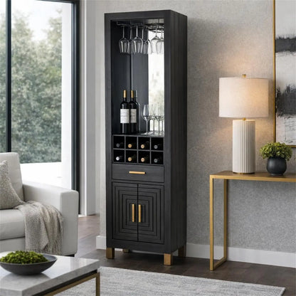 Black bar cabinet with wine bottles and glasses in a living room setting.