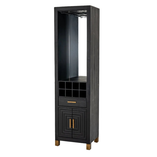 Tall black cabinet with glass door and wooden base on a white background