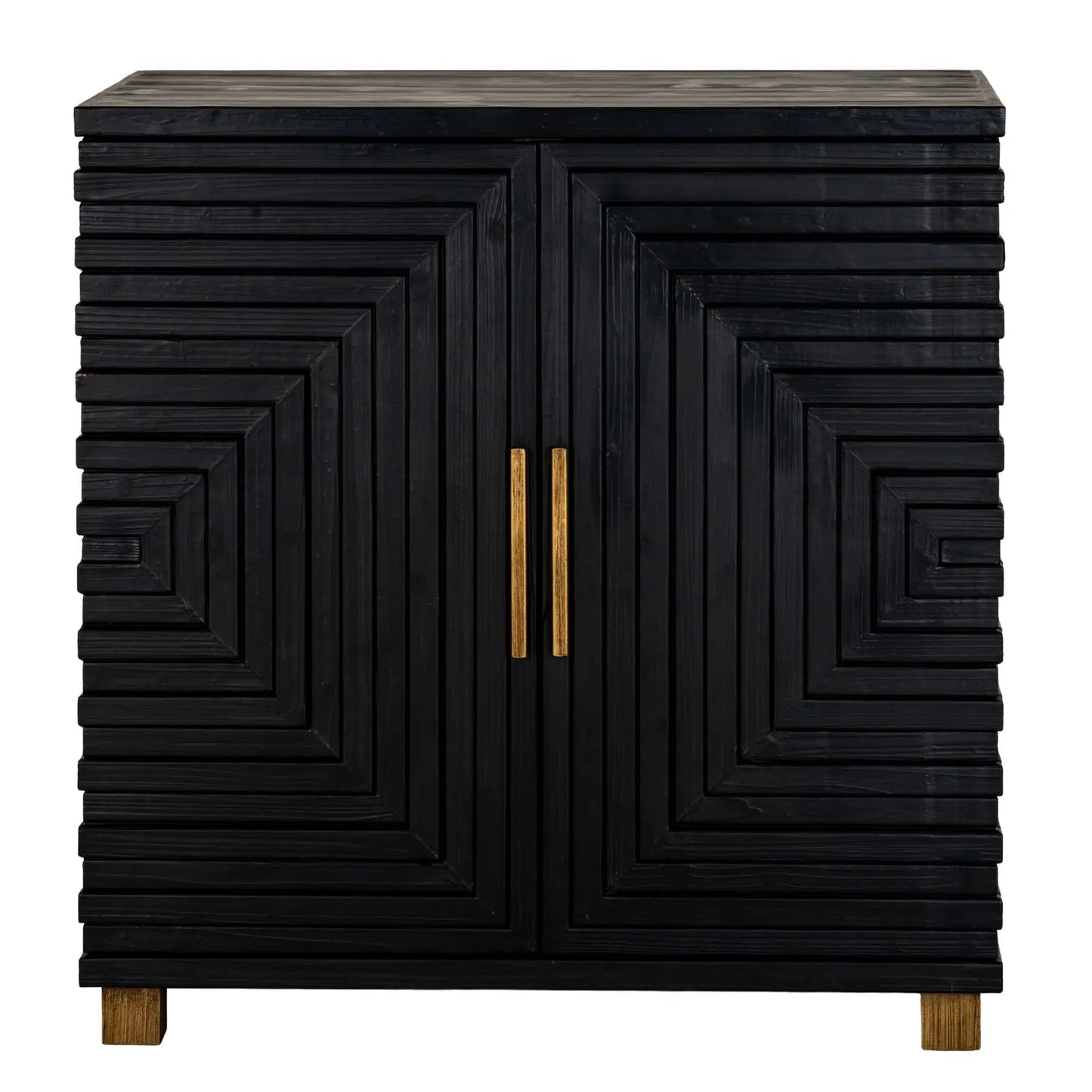 Black cabinet with geometric design and gold handles on a white background