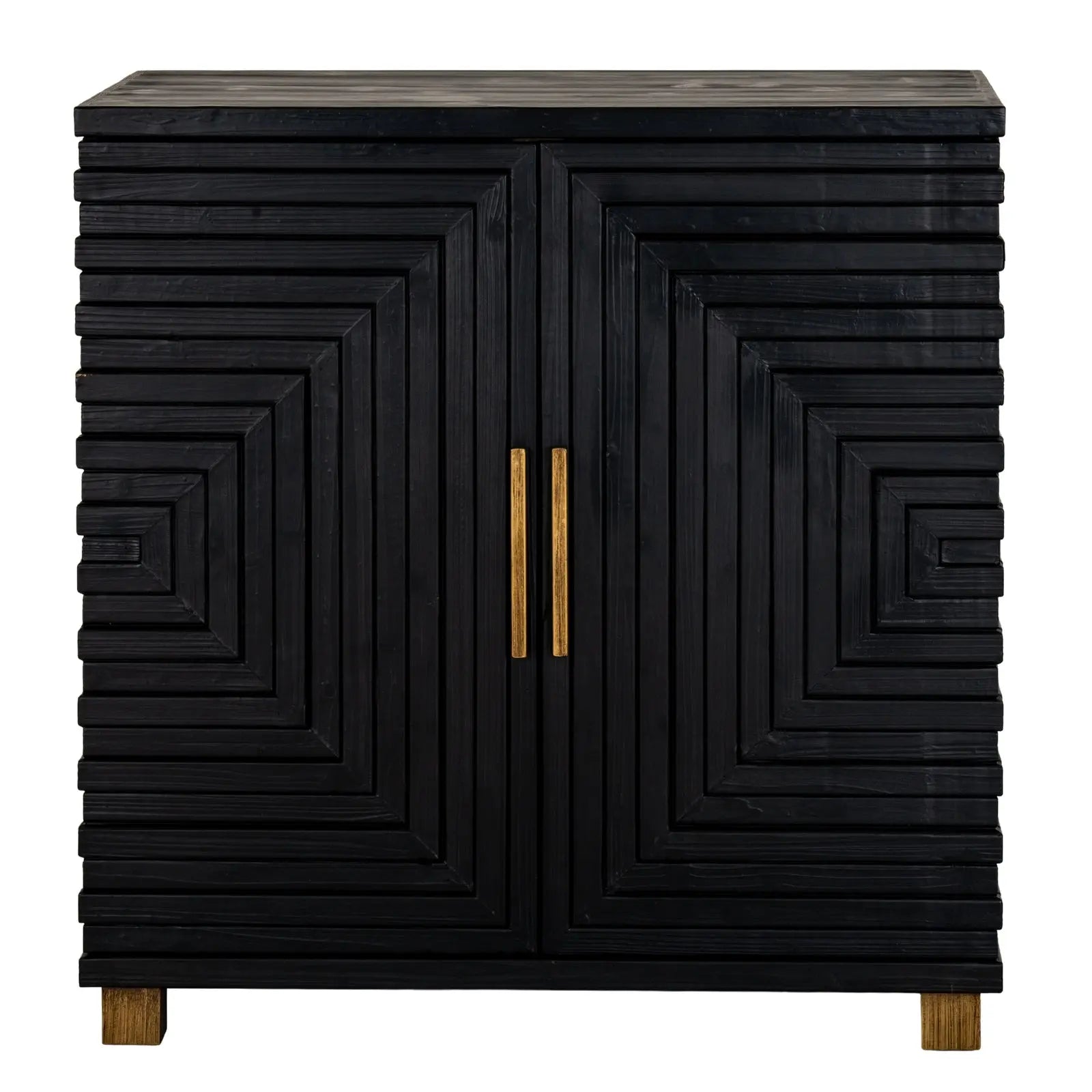 Black cabinet with geometric design and gold handles on a white background