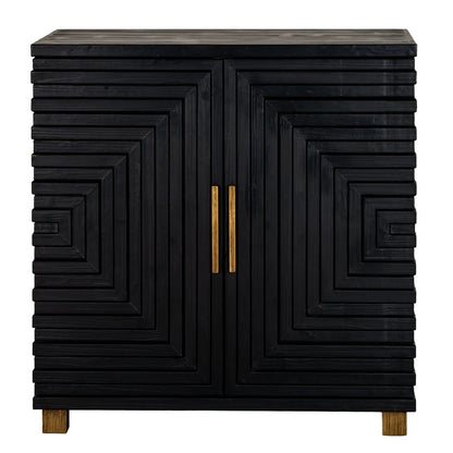 Black cabinet with geometric design and gold handles on a white background