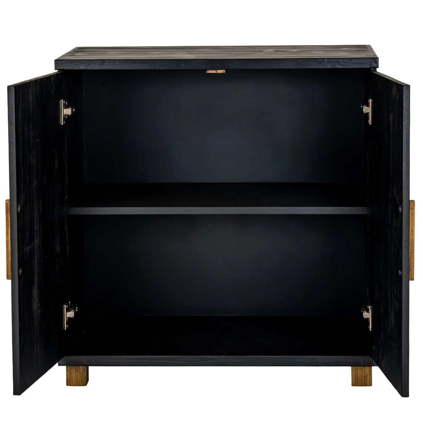 Black cabinet with open doors on a white background