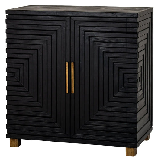 Black cabinet with geometric patterns and gold handles on a white background