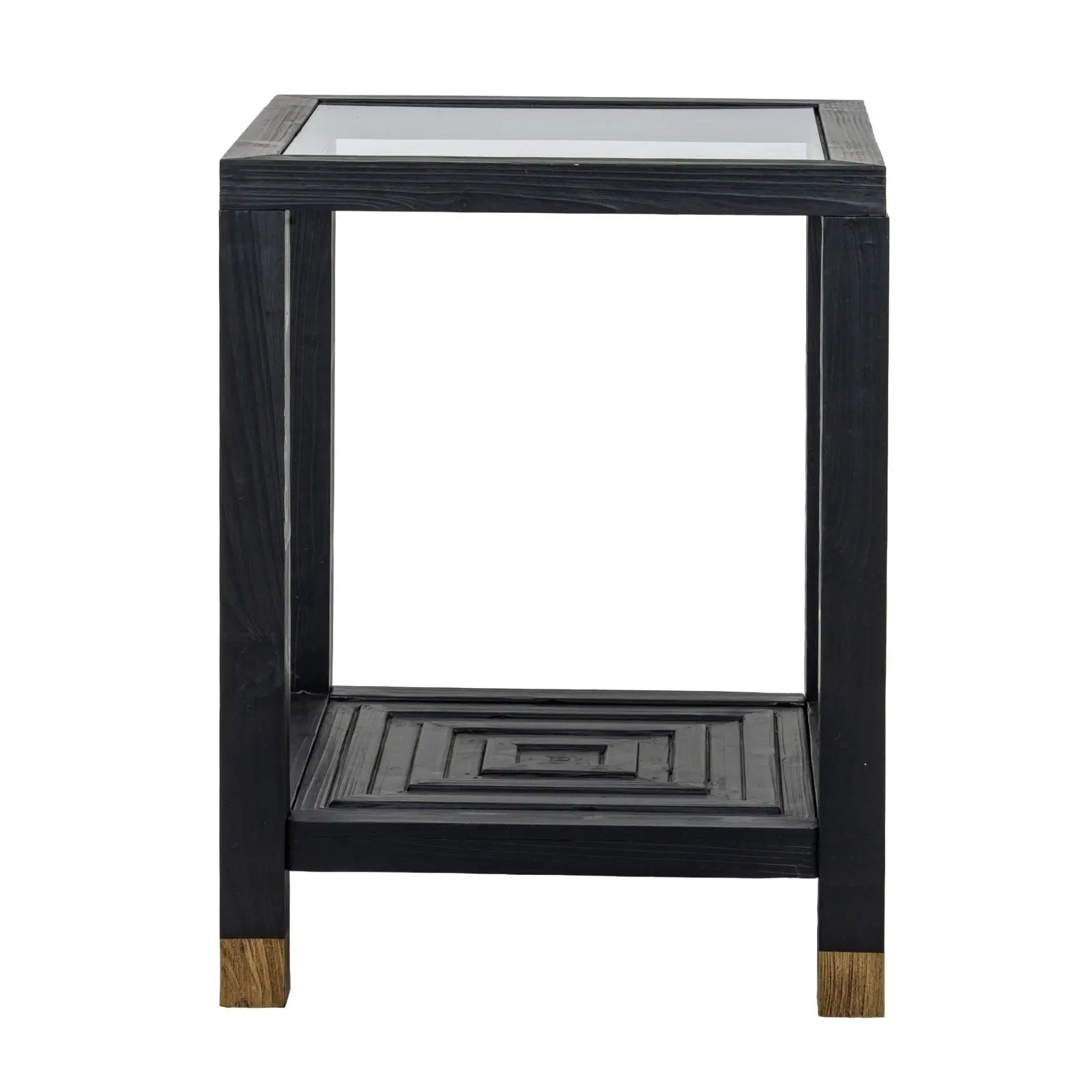 Black side table with glass top on a white background