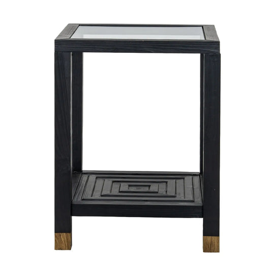 Black side table with glass top on a white background