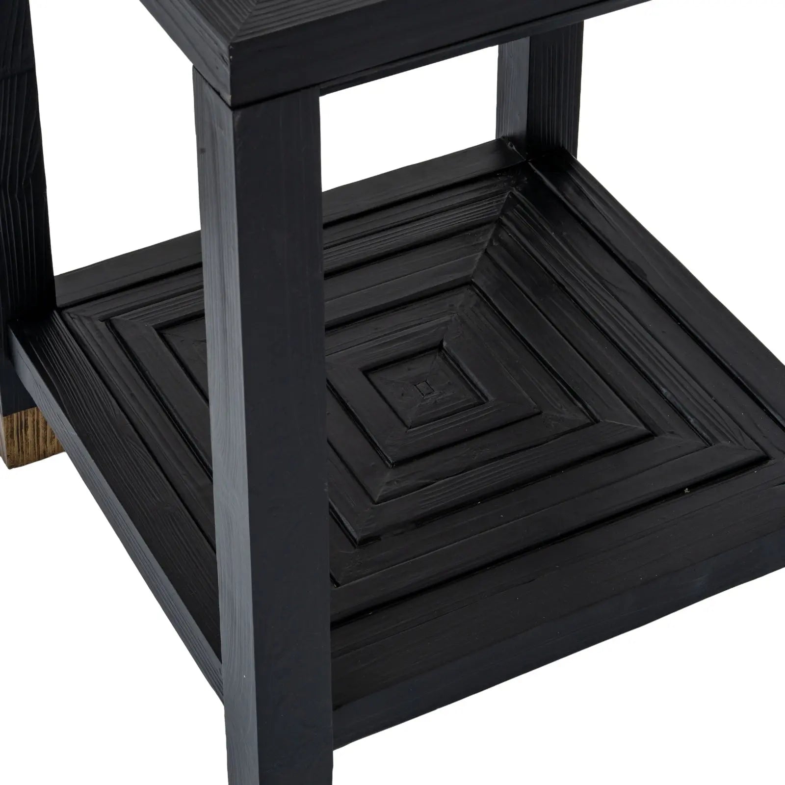 Black wooden step stool with a white background