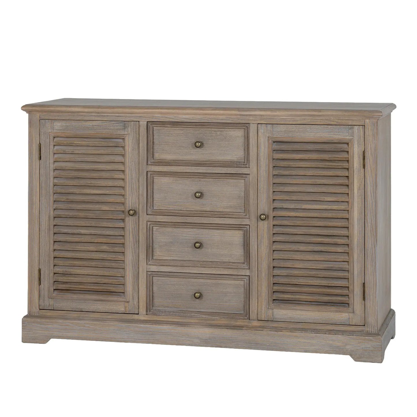 Wooden sideboard with shutters and drawers on a white background