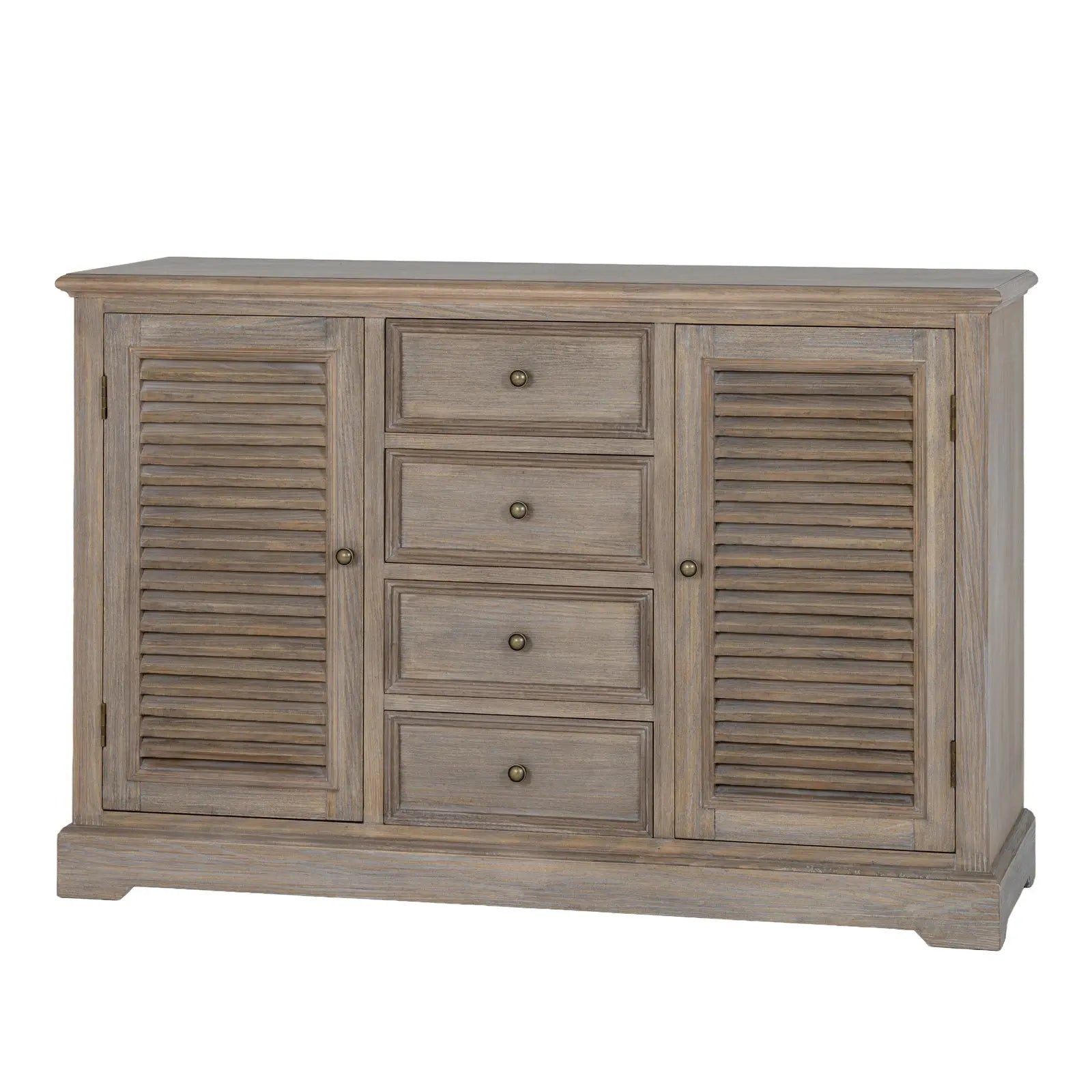 Wooden sideboard with shutters and drawers on a white background