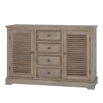 Wooden sideboard with shutters and drawers on a white background
