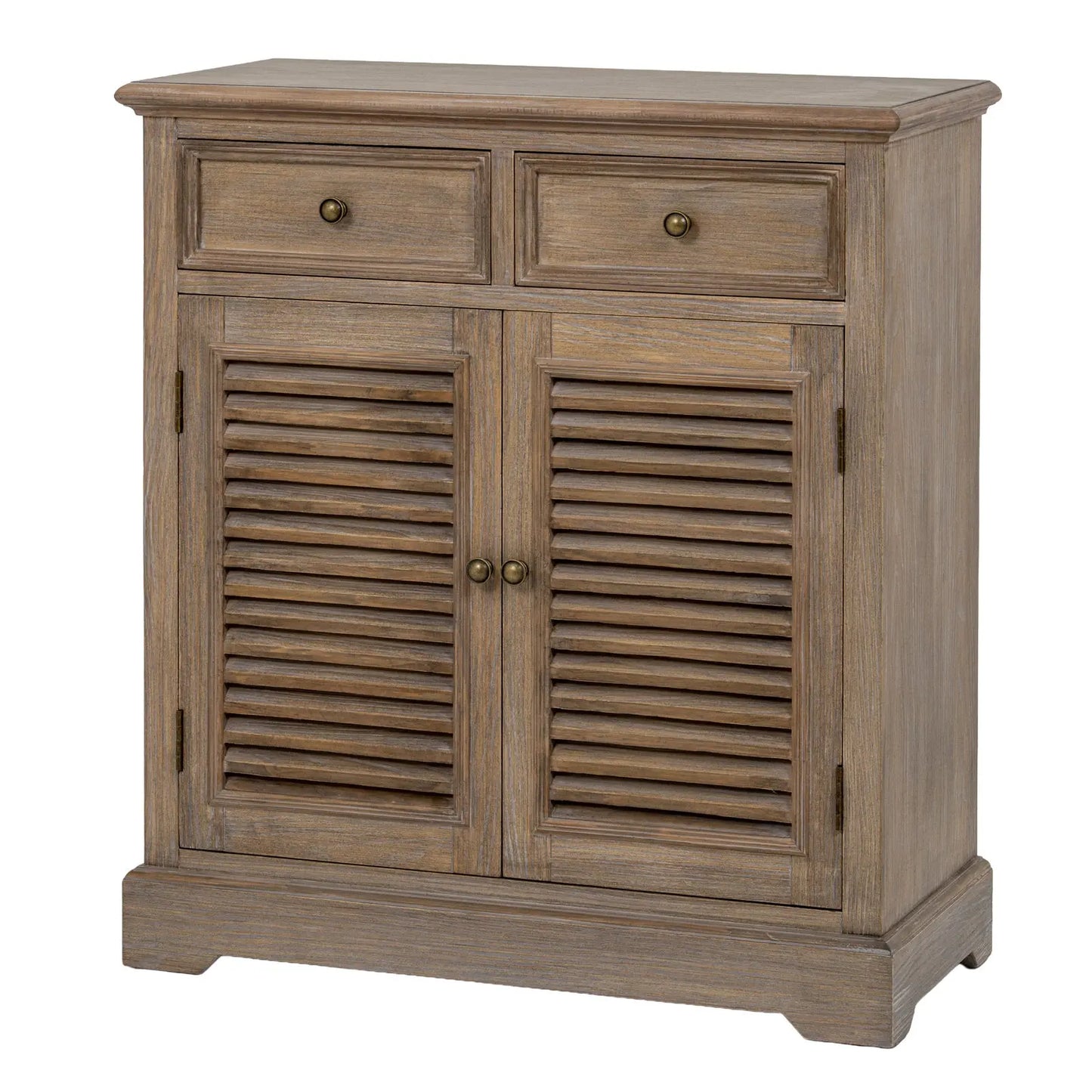 Wooden cabinet with two doors and two drawers on a white background