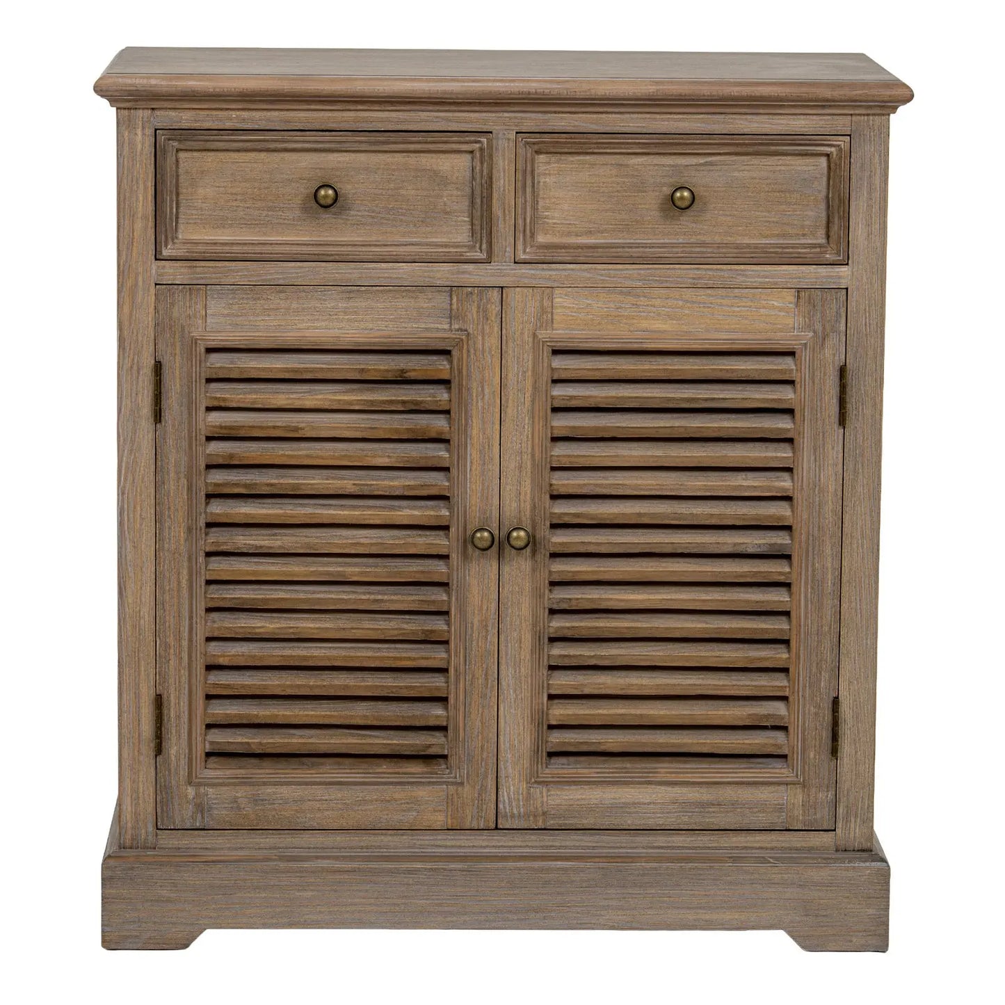 Wooden cabinet with two drawers and two shutter doors on a white background
