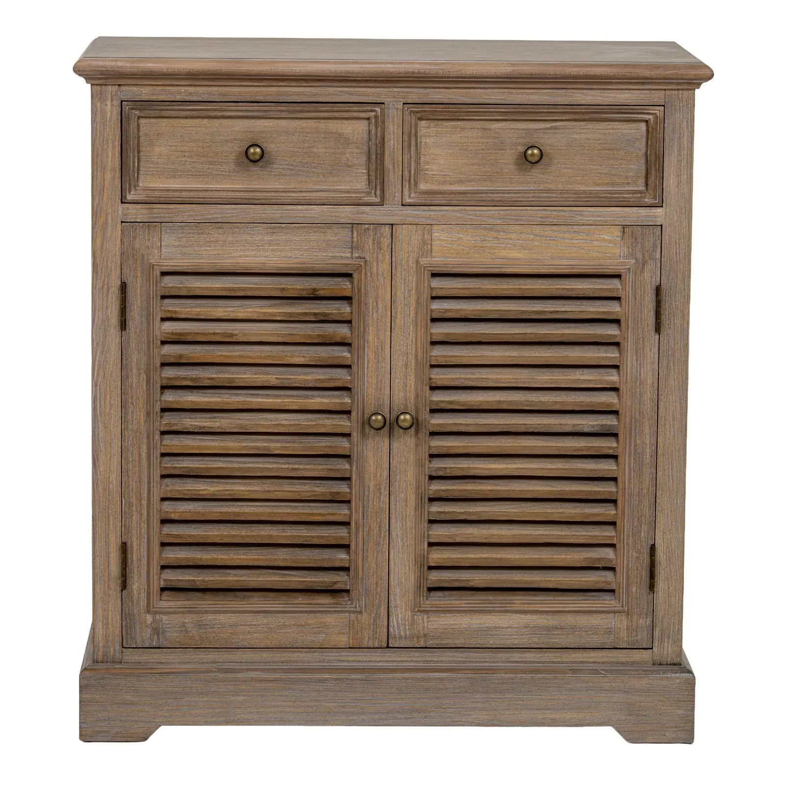 Wooden cabinet with two drawers and two shutter doors on a white background