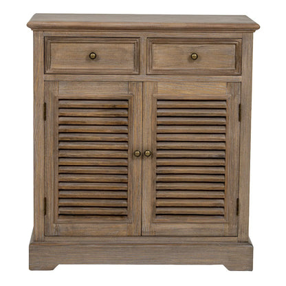 Wooden cabinet with two drawers and two shutter doors on a white background