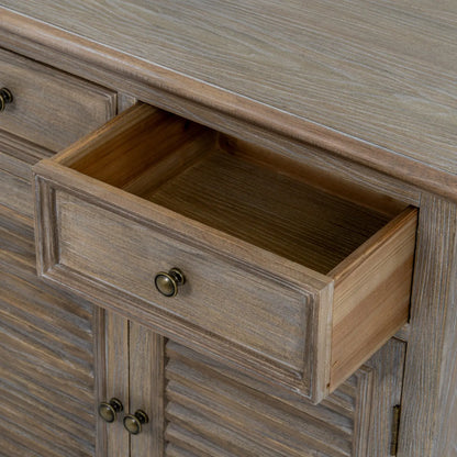 Wooden cabinet with an open drawer and visible grain pattern