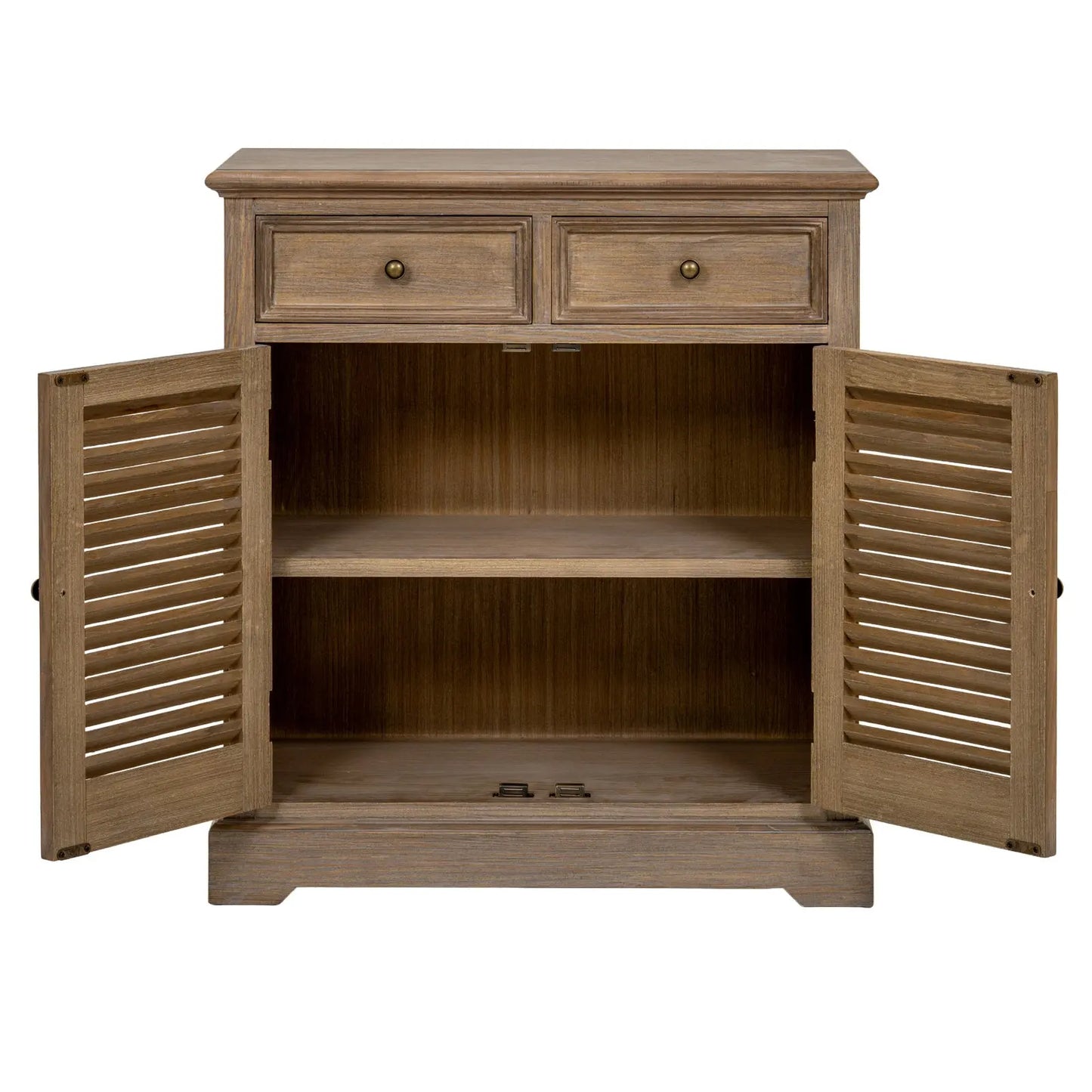 Wooden sideboard with open doors on a white background