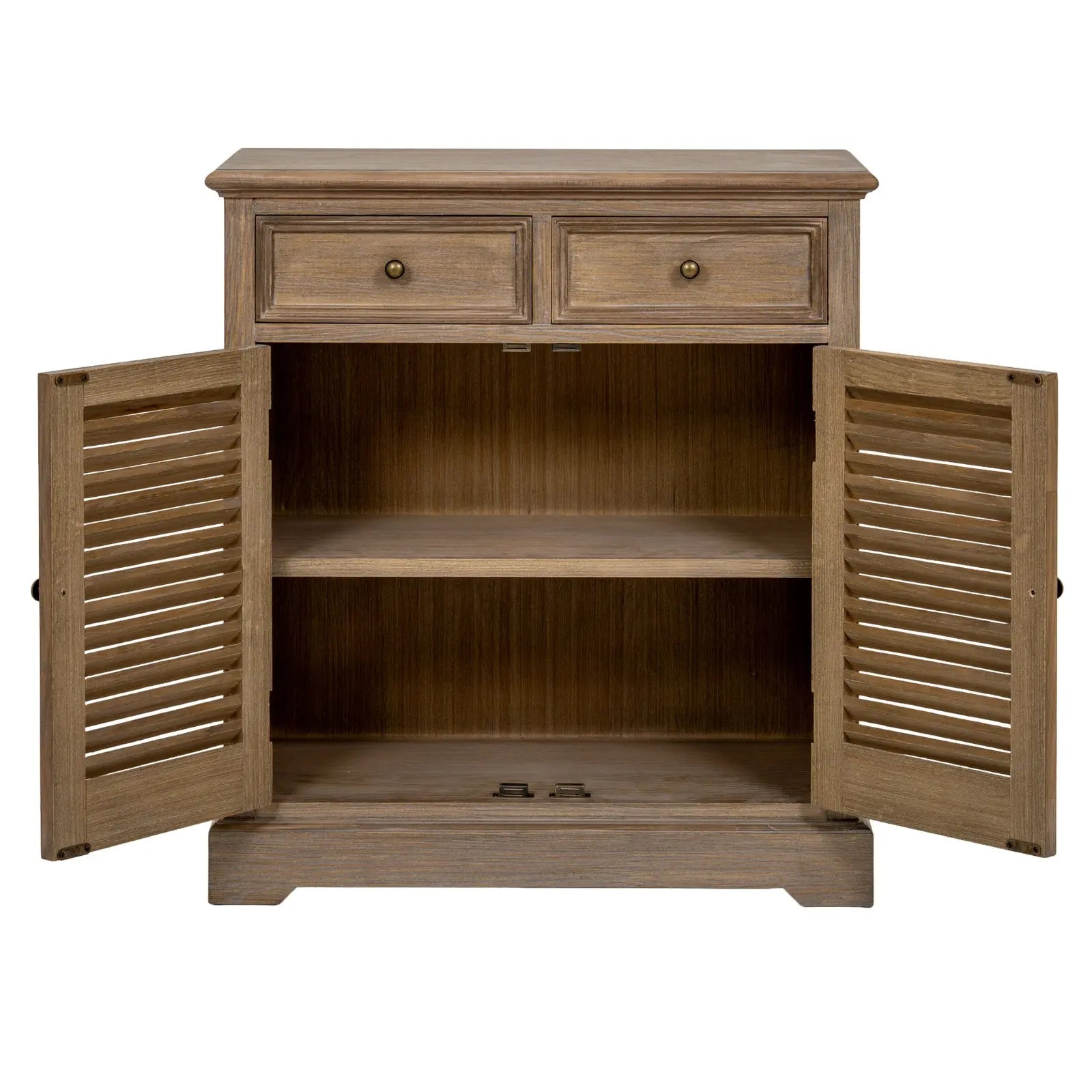 Wooden sideboard with open doors on a white background