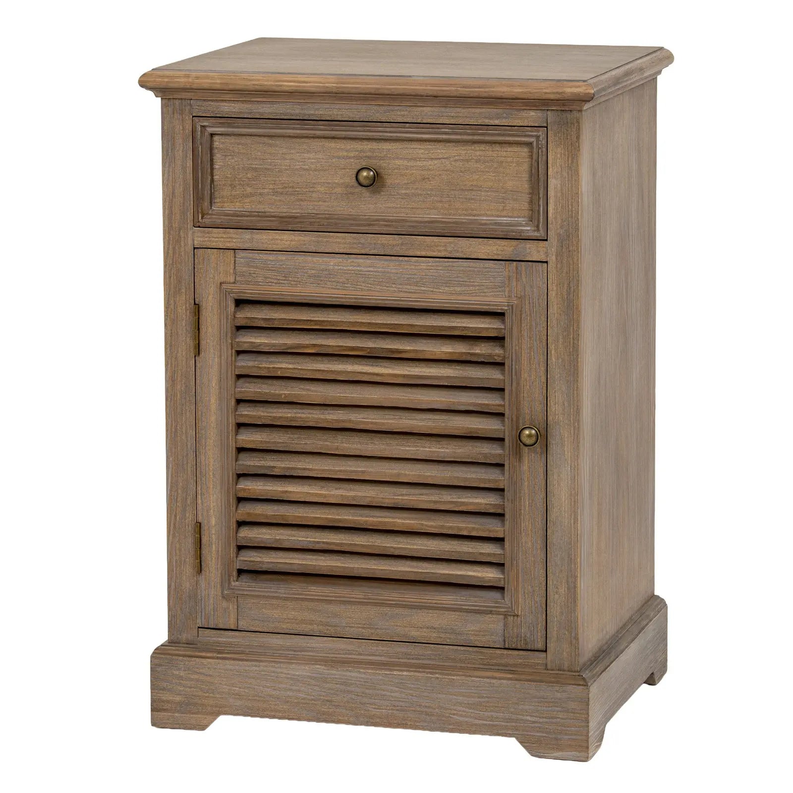 Wooden nightstand with a drawer and shutter door on a white background