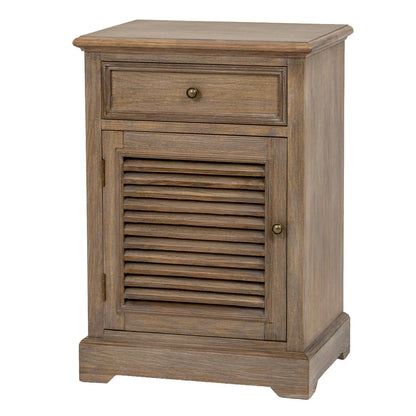 Wooden nightstand with a drawer and shutter door on a white background